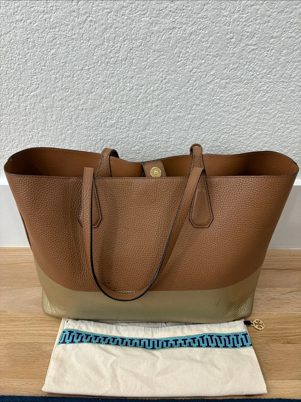 Tory Burch Tan and Gold Two-Tone Pebbled Leather Tote with Tassel